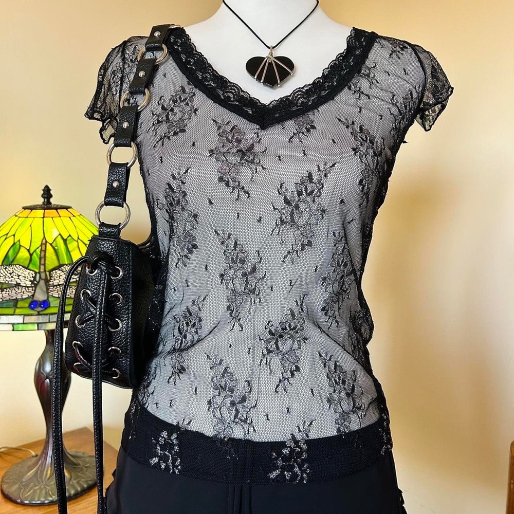 Lace Overlay Sheer Top - Black